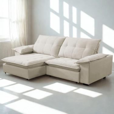 Imagem de Sofá Retrátil E Reclinável Veludo 2,20m Lisboa - Conforto Premium E Design Elegante Bege