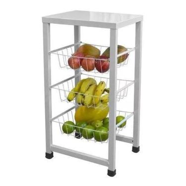 Imagem de Fruteira Cozinha Aço Chão Cestos Triplos Retangular Branco