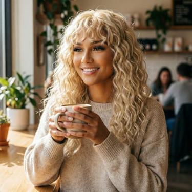 Imagem de Peruca feminina ondulada de cabelo humano com renda frontal 200 densidade preta transparente sem cola para uso diário, festa e encontro, 50 cm, dourada