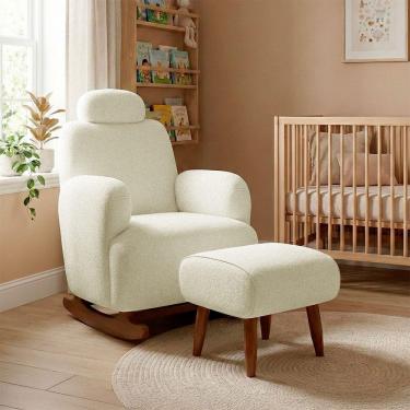 Imagem de Poltrona Orgânica com Balanço Pés em Madeira Maciça com Puff Descanço Off White