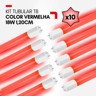 Imagem de  Kit 10 Lâmpadas LED T8 Vermelha 18W 120cm  Tubular Colorida G13, liga