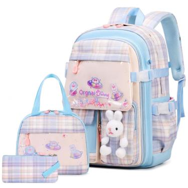 Imagem de Mochila escolar infantil FIXITOK coelho kawaii 3 peças, com lancheira térmica e estojo, nylon impermeável, azul e rosa xadrez