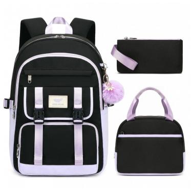 Imagem de Mochila LXYGD 3 em 1 preta e roxa para notebook até 16", com lancheira e estojo, impermeável