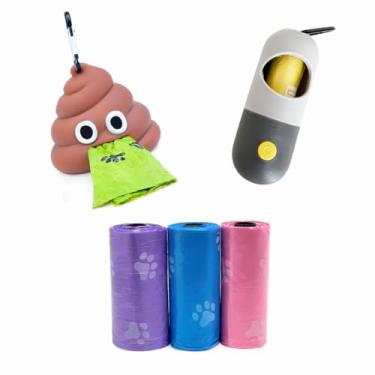 Imagem de Kit com 3 Rolo Refil De Sacos de lixo Pet + Porta Saquinhos Coletor Emoji de Cocô + Porta Saquinhos Higiênico Cata Caca em formato de Lanterna LED para passeio Noturno.