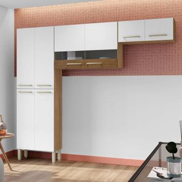 Imagem de Cozinha Compacta Nala 8 Portas MDP 222cm Amadeirado Freijó Patina Ripado com Prateleiras
