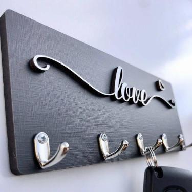 Imagem de Porta Chave Parede MDF 5 Ganchos Gratidão Home Alto Relevo Sem Furar D