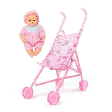 Imagem de Boneca Bebe Com Carrinho Passeio Dobravel Infantil Reborn Brinquedo - 
