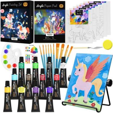 Imagem de Kit de Pintura Infantil Nicpro 34 Peças com Tintas Acrílicas e Cavalet