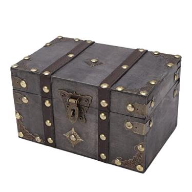Imagem de Kufoo Peito de madeira vintage, peito do tesouro pirata com trava de ferro, caixas de lembrança com tampas de armazenamento e caixa decorativa caixa de joias para decoração de casa suporte de foto 18 x 11,5 x 10,3 cm