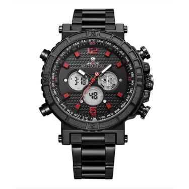 Imagem de Relógio masculino weide 6305 analógicoe digital multifunção preto vermelho esportivo inox