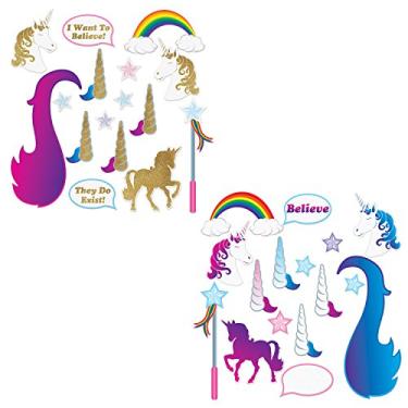 Imagem de Beistle Adereços para cabine fotográfica de unicórnio mágico com glitter 32 peças Happy Birthday Princess Party Supplies Decoração de chá de bebê, 7,6 cm - 48 cm, multicolorido