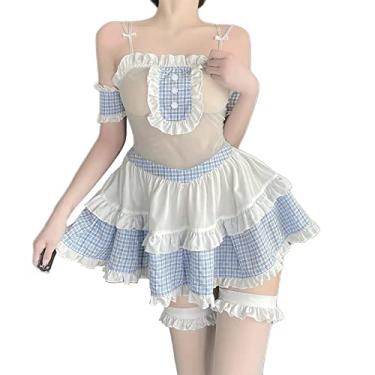Imagem de SINGUYUN Schoolgirl Outfit For Women Roleplay Sexy Pleated Skirt Maid Dresses Cosplay Costumes with Socks (2581Blue)