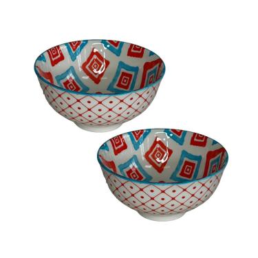 Imagem de Conjunto Bowls Cerâmica 2 Pcs Losangos Vermelho Azul 11,5cm