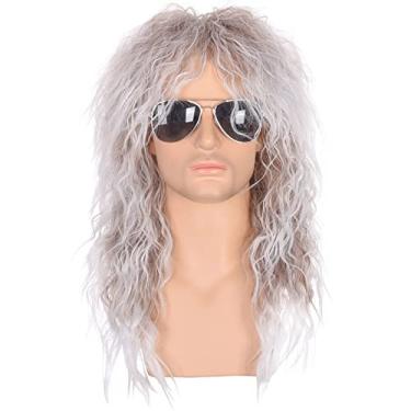 Imagem de Morvally Perucas masculinas estilo anos 80 | Cabelo sintético castanho longo encaracolado prateado misturado | Peruca de metal pesado, glamourosa | Perfeita para Halloween, cosplay,
