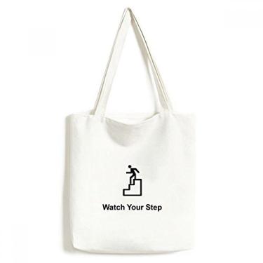 Imagem de Watch Your Step Black Symbol Pattern Tote Canvas Bag Shopping Satchel Casual Bolsa