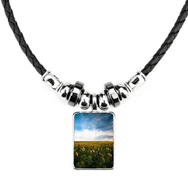 Imagem de DIYthinker Colar de girassóis nuvens céu azul joia pingente de corda de couro torque