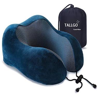 Imagem de TALLGO Travesseiro de viagem, melhor travesseiro de pescoço de espuma viscoelástica suporte de cabeça para descanso de dormir, avião carro e uso doméstico (azul escuro)