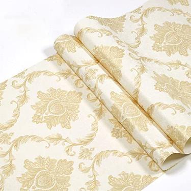 Imagem de Q QIHANG Papel de parede de PVC damasco flor 3D de luxo europeu para quarto sala de estar fundo de TV decoração de casa retrô rolo de papel de parede não colado bege claro 4,5 cm L x 83 cm C