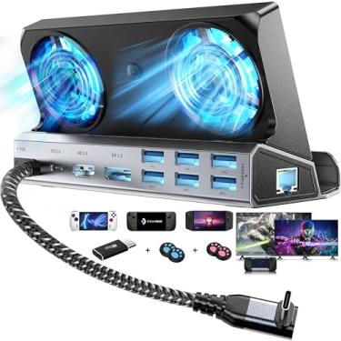 Imagem de Ventiladores de resfriamento duplos multimonitor 14 em 1 estação de ancoragem a vapor com 4K a 60 Hz, DP1.2, VGA 1080P 6 USB A, 1000Mbps, tipo C 100W PD, adaptador de 40 Gbps para Steam Deck/Rog