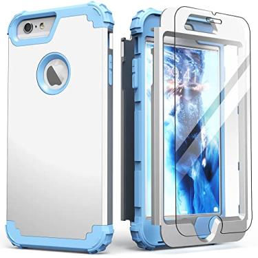 Imagem de IDweel Capa para iPhone 6S Plus com protetor de tela (vidro temperado), capa para iPhone 6 Plus, capa 3 em 1 à prova de choque, fina, híbrida, resistente, rígida, amortecedora, de silicone, capa inteira, prata/azul claro