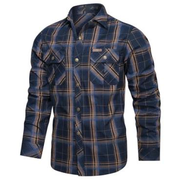 Imagem de JMSUN Jaqueta masculina Camisa masculina de manga comprida xadrez de algodão solta casual camisa xadrez de negócios
