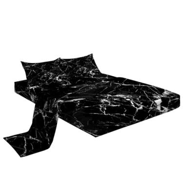Imagem de Eojctoy Jogo de cama casal de microfibra super macia com estampa de mármore preto, 4 peças, 1 lençol com elástico, 1 jogo de lençol com elástico e 2 fronhas, 40 cm de profundidade para quarto de