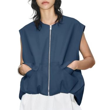 Imagem de PAODIKUAI Blazer feminino casual com zíper e bainha franzida, leve, sem mangas, jaqueta grande com bolsos, Azul marinho, G