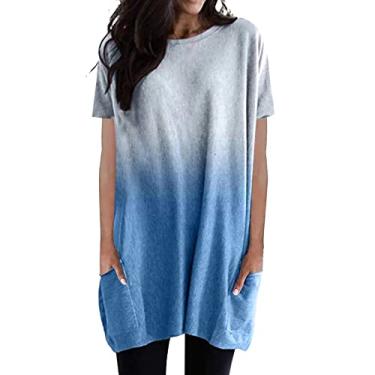 Imagem de Pulôver feminino de verão gradiente gola redonda manga curta camisas longas 2024 blusas casuais soltas com bolsos, Azul, M