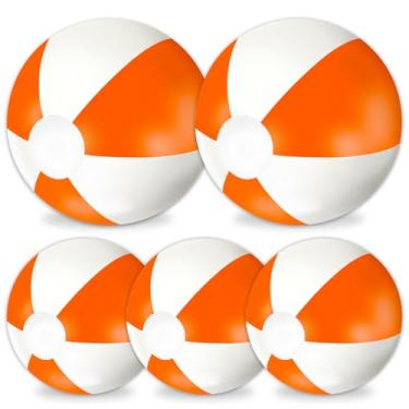 Imagem de Whaline 5 bolas de praia infláveis 61 e 40,6 cm, bolas redondas de PVC, brinquedos fofos para o verão, tema tropical havaiano, decoração de festa na praia, acessório de jogo de areia (laranja e