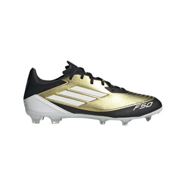 Imagem de adidas Tênis unissex adulto F50 League Messi Firm/Multi Ground, Dourado metálico/branco/preto, 11.5 Women/10.5 Men