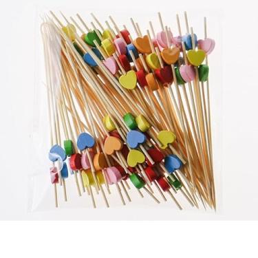 Imagem de 100 palitos de coquetel em forma de coração palitos de frutas palitos de bambu espetos decorativos sanduíche palitos de frutas para suprimentos de aperitivo de festa (cores coração)