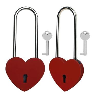 Imagem de Gradleen 2 cadeados de coração único com chave de 8 cm, cadeado de amor de 50 mm, acabamento fosco, cadeado de amor de metal vermelho para ponte Lovelock, caixa de cartão, caixa de joias, diário,