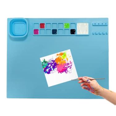 Imagem de Tapete de silicone para artesanato, tapete de pintura de silicone, tapete de arte de silicone com suportes para copos e pincéis, tapetes de silicone para artesanato, tapete de arte de silicone multiuso para pintura, arte, argila, Play Doh (50 x 40 cm, azul)