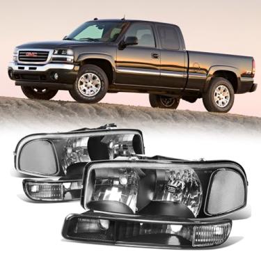 Imagem de Cxdar Conjunto de farol compatível com 99-07 GMC SIERRA 1500 2500 1500HD 2500HD 3500HD/ 1999-2006 YUKON 1500 2500/2001 SIERRA C3, estrutura preta, 4 peças