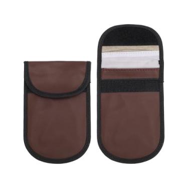 Imagem de VekAuto 2 peças, bolsa Faraday, bolsas de bloqueio de sinal RFID universais para acionador de partida de carro sem chave de carro, protetor de chaveiro PU marrom escuro