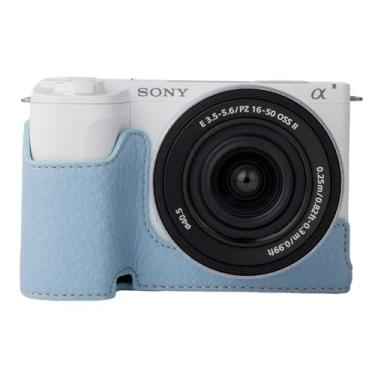 Imagem de Rieibi Meia capa de couro PU para Sony ZV-E10 II, capa protetora com abertura inferior e design de pega, disponível em azul