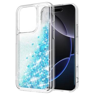 Imagem de WORLDMOM Capa para iPhone 16 Pro, capa protetora de TPU (poliuretano termoplástico) flutuante com líquido flutuante brilhante colorido glitter cachoeira 6,3 polegadas, azul