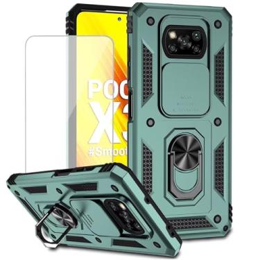 Imagem de Yodueiv Capa para Poco X3 NFC/Poco X3 Pro/Poco X3 com protetor de tela de vidro temperado e capa de câmera deslizante, anel magnético para suporte de carro capa protetora para Xiaomi Poco X3 NFC verde