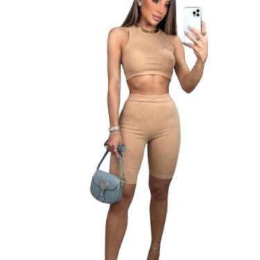 Imagem de Conjunto Feminino Moda Biker Malha Canelada Blusa e Short Colado Plus 
