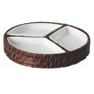 Imagem de Petisqueira Redonda em Rattan e Porcelana 25 x 4 cm Rústico Artesanal 