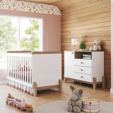 Imagem de Quarto de Bebê Berço 2 em 1 e Cômoda 4 Gavetas Ternura Henn - Branco/Jequitiba HP