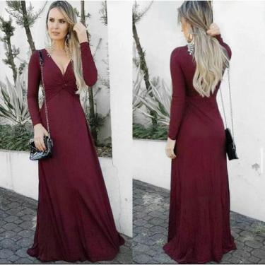 Imagem de Vestido Longo Outono Inverno Manga Longa Decote Em V - innvistamoda, V