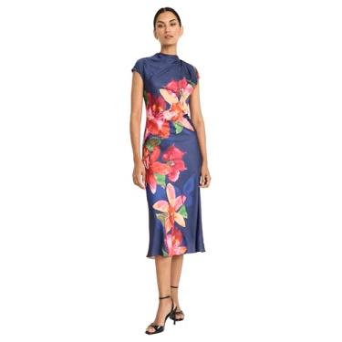 Imagem de Maggy London Vestido feminino com corte viés com pregas no ombro, Azul-marinho/ferrugem, 44