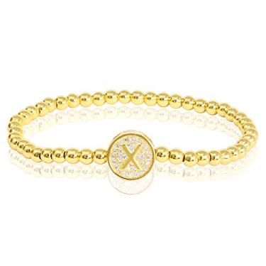 Imagem de by you Pulseiras femininas com inicial de 26 letras, berloque redondo, aço inoxidável, ouro, prata, contas, Small, Strass, Strass