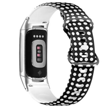 Imagem de Pulseira de silicone macio compatível com Fitbit Charge 5/Fitbit Charge 6 (preto e branco com bolinhas) para mulheres e homens