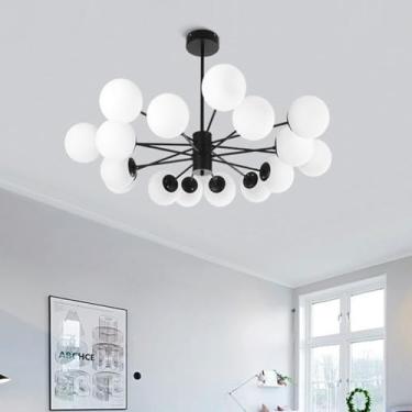 Imagem de AXFSHJD Lustre Sputnik de metal preto vintage moderno irregular esférico vidro pendente luz ajustável de metal para cozinha ilha sala de jantar