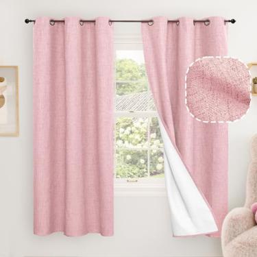 Imagem de Cortinas blecaute de linho rosa bebê para berçário, conjunto de 2 painéis de comprimento de 153 cm, isolamento térmico, boho, total blackout, redução de ruído, cortinas de janela Bonzer para quarto de