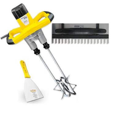Imagem de Misturador Haste Dupla Mel 1800w Para Tinta Gesso Argamassa Pintura Cimento C/Desempenadeira Timoteo 35Cm Regulável + Espátula Inoxidável Evolution 10 cm (4") Profissional Kit - 127V