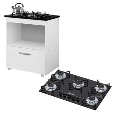 Imagem de Kit Balcão Cooktop 1 Porta Branco Com Fogão Cooktop 5 Bocas Chamalux