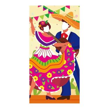 Imagem de Cinco de Mayo Banner de porta de foto de casal, 1,8 x 0,9 m, adereços grandes para fotos de casal mexicano, decorações de pano de fundo para festa de aniversário com tema Cinco de Mayo Fiesta Mexicana
